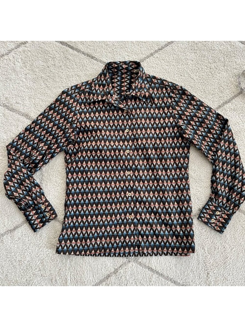 Vintage 70s Vintage Geometric Print Button-Up Blouse Brown/Blue/Pink Retro Shirt